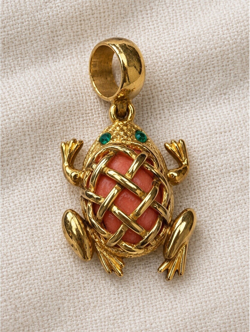 Gold Tone Frog Pendant with Coral Color Body & Green Eyes